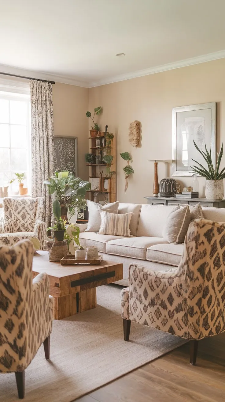 This boho farmhouse style living room is a haven of relaxed elegance.  Boho vintage decor pieces mingle seamlessly with chic furniture, creating a space that's both stylish and comfortable.  The result? A truly captivating boho living room that embodies the free-spirited boho aesthetic.