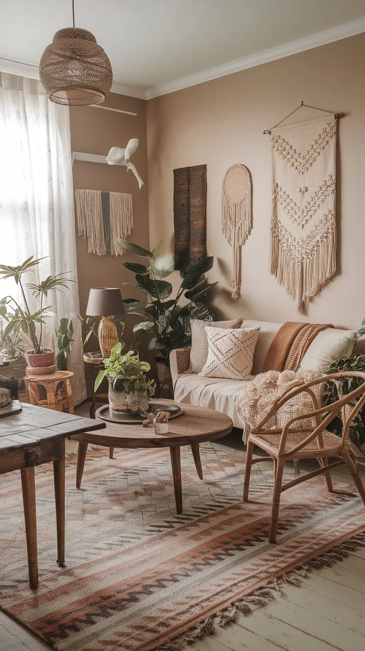 This space effortlessly blends boho farmhouse style with a touch of vintage charm.  Boho aesthetic decor and boho chic furniture create a relaxed and inviting atmosphere, making this boho living room the perfect sanctuary.