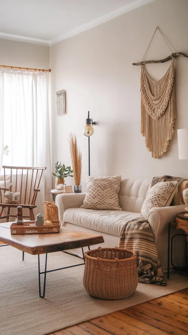 This boho farmhouse style living room is a haven of relaxed elegance.  Boho vintage decor pieces mingle seamlessly with chic furniture, creating a space that's both stylish and comfortable.  The result? A captivating boho living room that embodies the free-spirited boho aesthetic.