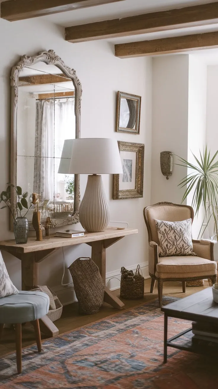 This space perfectly embodies boho farmhouse style, with its eclectic mix of boho vintage decor and effortlessly chic furniture.  The result? A boho aesthetic decor that's both inviting and utterly captivating.