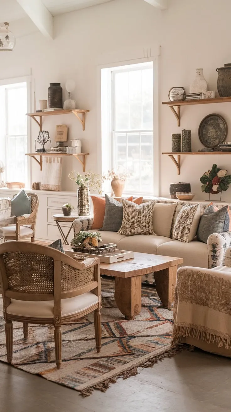 This boho living room effortlessly marries boho farmhouse style with a touch of vintage flair.  The boho vintage decor on the shelves adds character, while the boho aesthetic decor and boho chic furniture create a comfortable and stylish space.  A perfect example of how to blend textures and patterns for a truly unique look.
