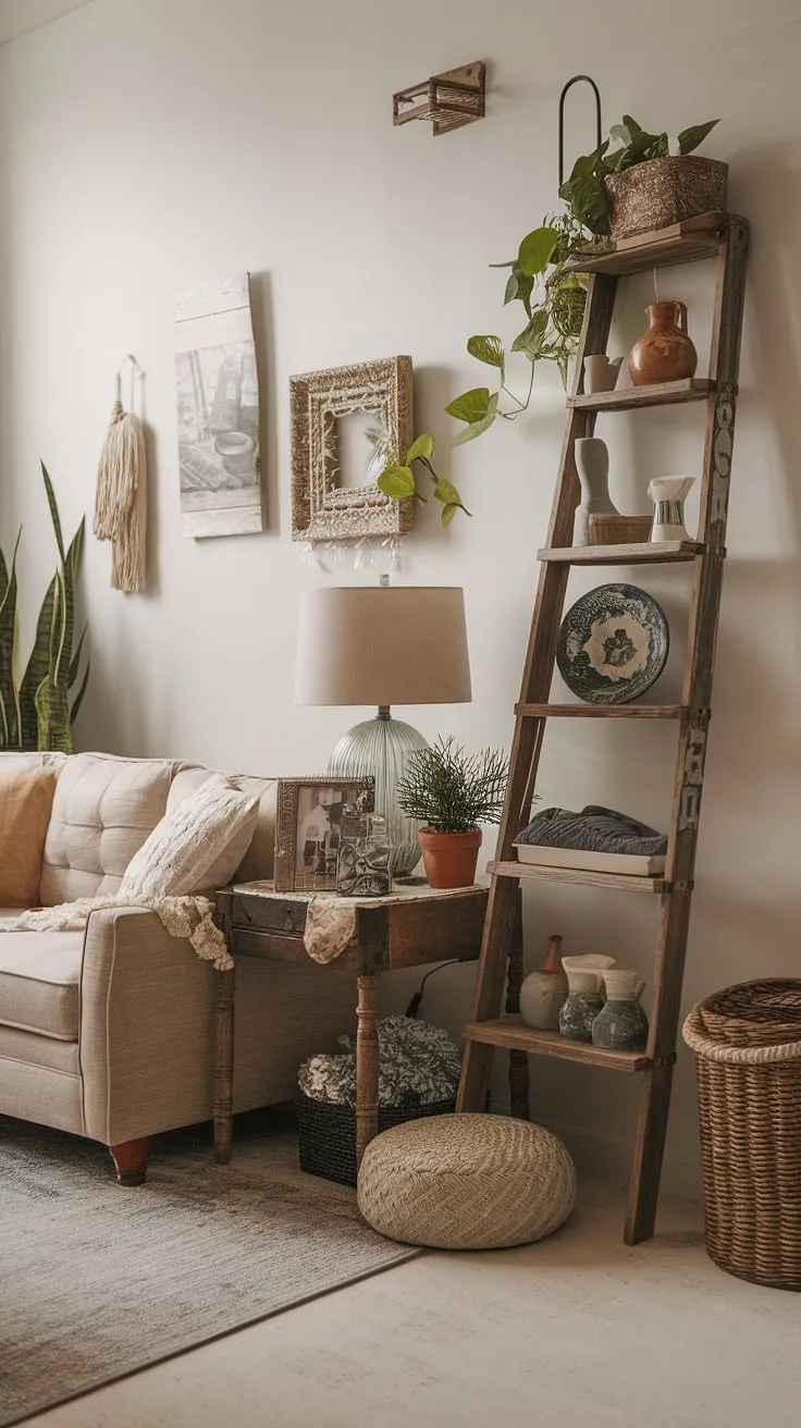 Sunlight streams into this dreamy boho living room, showcasing a perfect blend of boho farmhouse style and boho chic furniture.  The space is effortlessly stylish, filled with curated boho vintage decor and a distinctly boho aesthetic that invites relaxation and warmth.