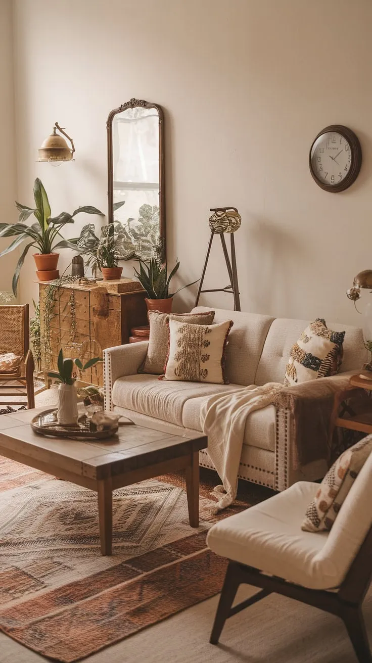 This boho farmhouse style living room is a haven of relaxed elegance.  Boho vintage decor pieces mingle seamlessly with comfortable boho chic furniture, creating a space that's both stylish and supremely cozy. The result is a truly captivating boho living room.