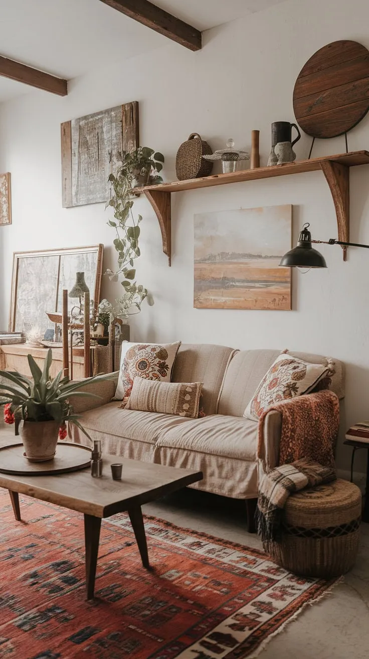 Sunlight streams into this dreamy boho living room, showcasing a perfect blend of boho chic furniture, vintage decor, and farmhouse style accents. The overall aesthetic is effortlessly cool and inviting, a testament to the beauty of boho aesthetic decor.