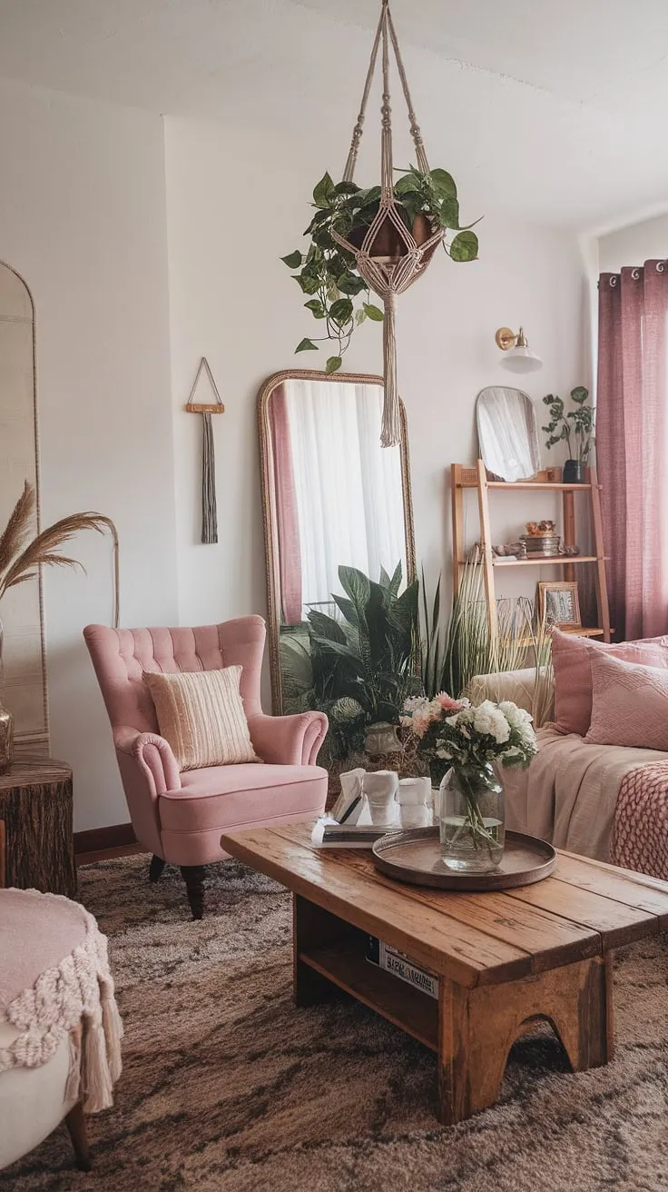 This boho farmhouse style living room is a haven of relaxed elegance.  Boho vintage decor pieces mingle seamlessly with chic furniture, creating a space that's both comfortable and visually stunning.  The result is a truly captivating boho living room, brimming with personality.