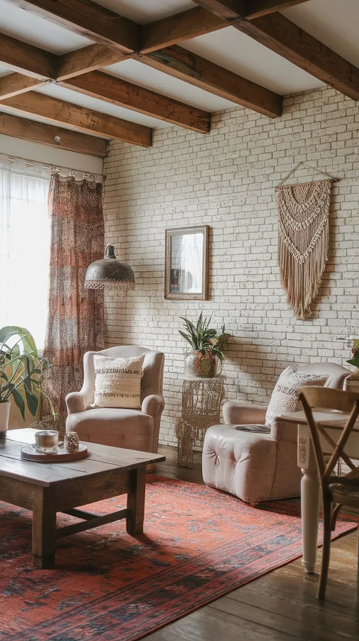 Rustic wooden beams and exposed brick walls provide the perfect backdrop for this boho farmhouse style living room.  Boho chic furniture, a vintage rug, and carefully chosen boho aesthetic decor pieces create a space that's both stylish and inviting, showcasing the beauty of boho vintage decor.