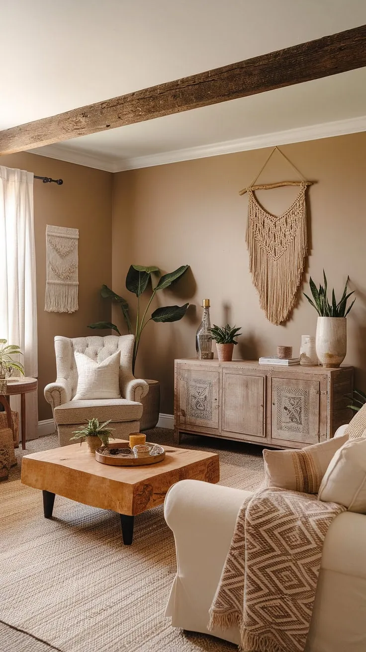 Cozy up in this boho farmhouse style living room.  The mix of boho vintage decor and boho chic furniture, accented by a rustic wooden beam and woven rug, perfectly embodies a relaxed boho aesthetic decor.  It's a space where comfort meets style.