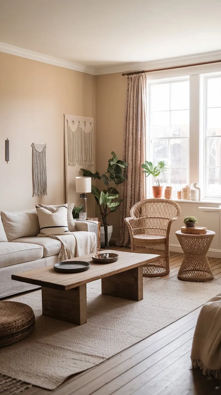 This boho farmhouse style living room effortlessly blends boho vintage decor with modern comfort.  The space is a testament to the beauty of boho aesthetic decor and the unique charm of boho chic furniture.