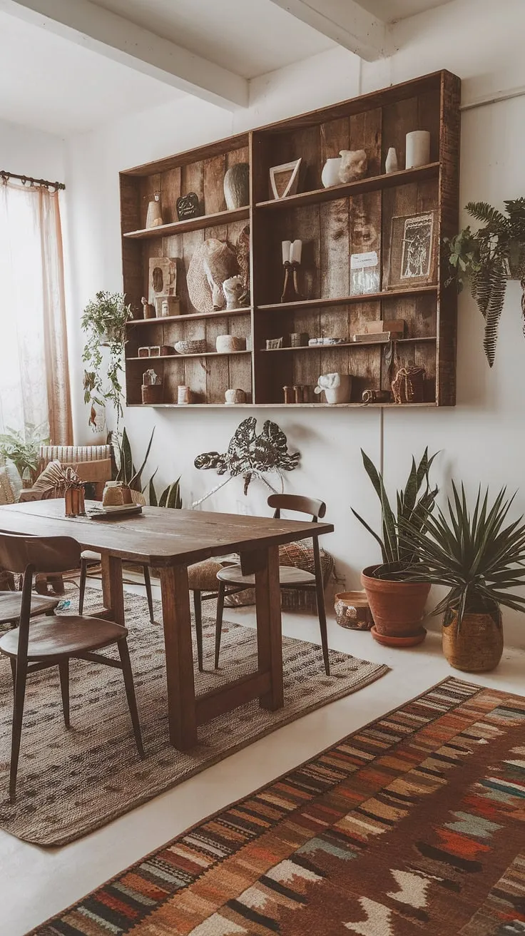 This boho farmhouse style living room is a haven of relaxed elegance.  Boho vintage decor pieces mingle seamlessly with chic furniture, creating a space that's both stylish and comfortable. The result is a truly captivating boho living room, brimming with personality.