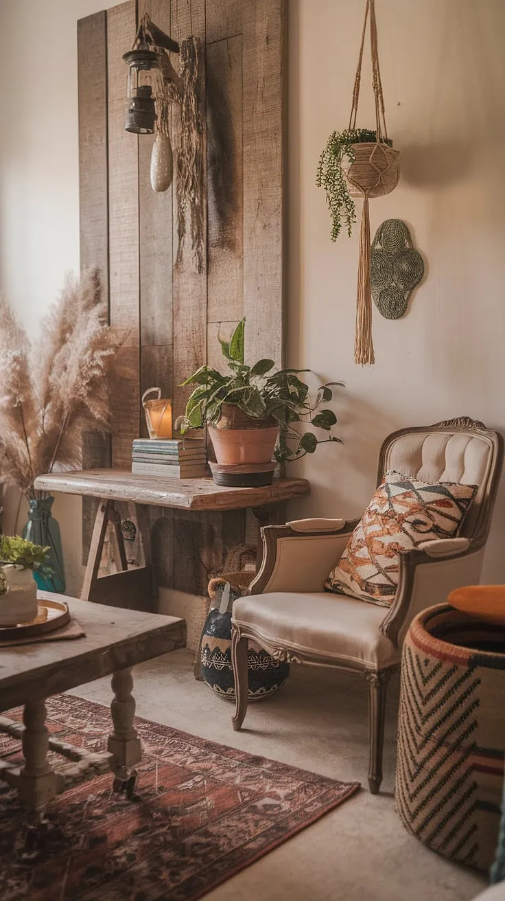 Sunlight streams into this dreamy boho living room, showcasing a perfect blend of boho chic furniture, vintage decor, and farmhouse style accents. The overall aesthetic is effortlessly cool and inviting, a testament to the beauty of boho aesthetic decor.