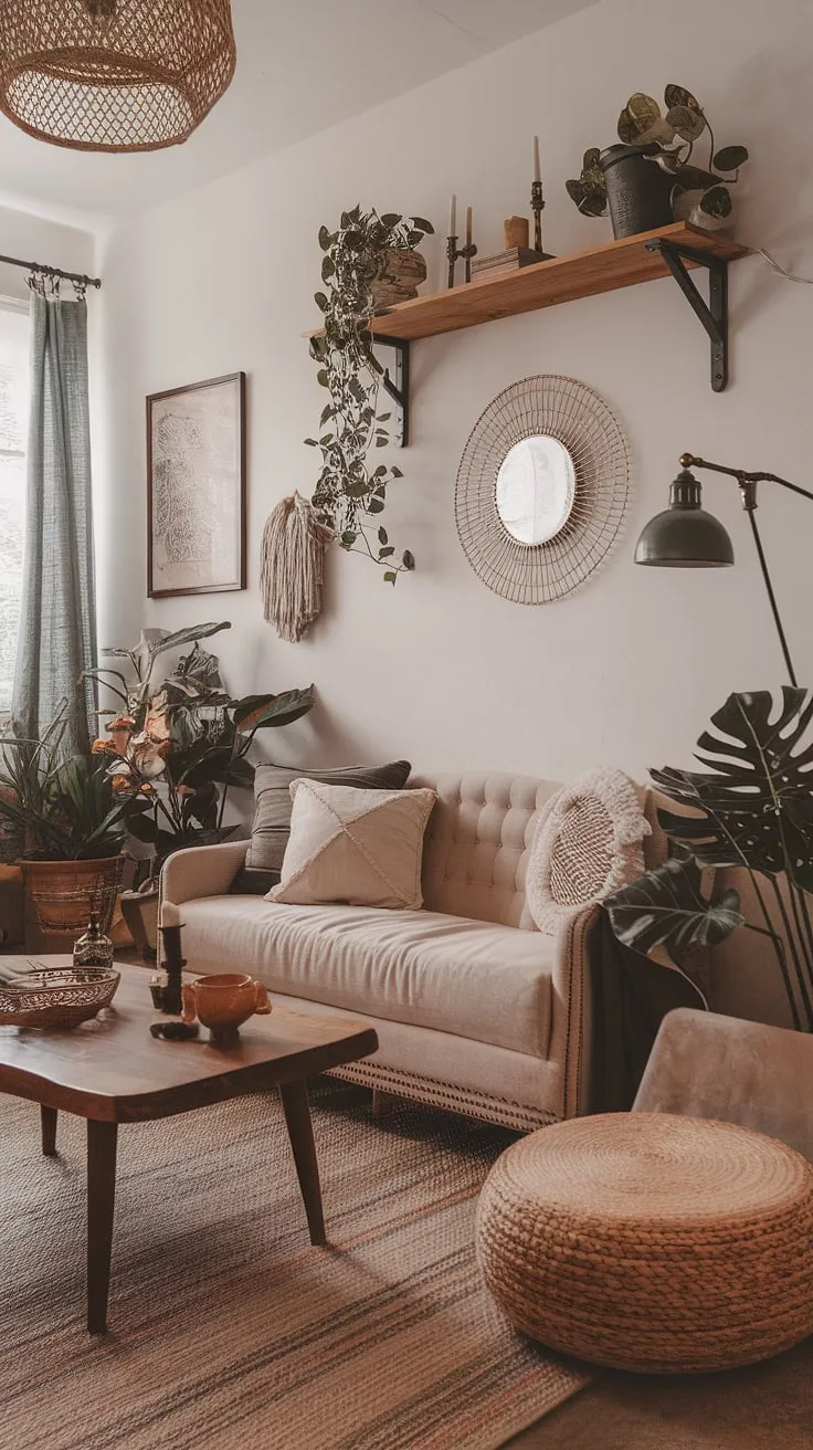 Sunlight streams into this dreamy boho living room, showcasing a perfect blend of boho farmhouse style and boho chic furniture.  The space is effortlessly stylish, filled with curated boho vintage decor and a touch of that signature boho aesthetic.