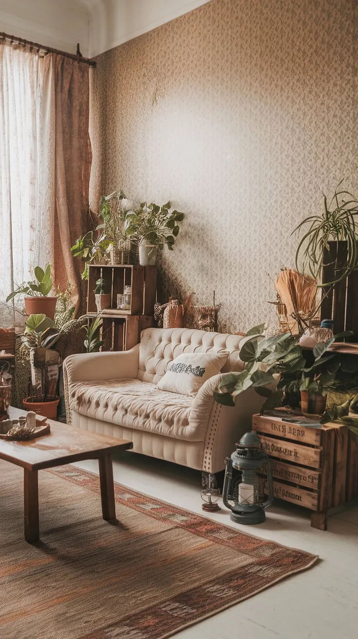 Sunlight streams into this dreamy boho living room, showcasing a perfect blend of boho chic furniture, vintage decor, and farmhouse style accents. The overall aesthetic is effortlessly cool and inviting, a testament to the beauty of boho aesthetic decor.