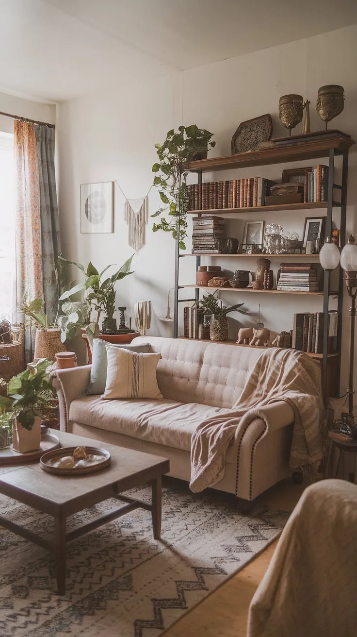 Sunlight streams into this dreamy boho living room, showcasing a perfect blend of boho chic furniture, vintage decor, and farmhouse style accents. The overall aesthetic is effortlessly cool and inviting, a testament to the beauty of boho aesthetic decor.