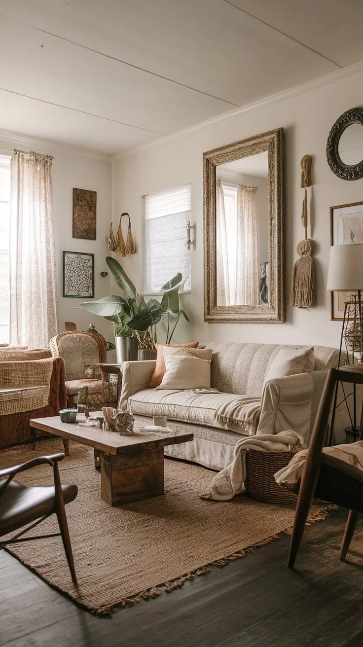 Embrace the cozy warmth of this boho farmhouse style living room.  Boho chic furniture and carefully curated boho vintage decor combine to create a unique boho aesthetic, perfectly reflecting a relaxed and stylish boho living room.