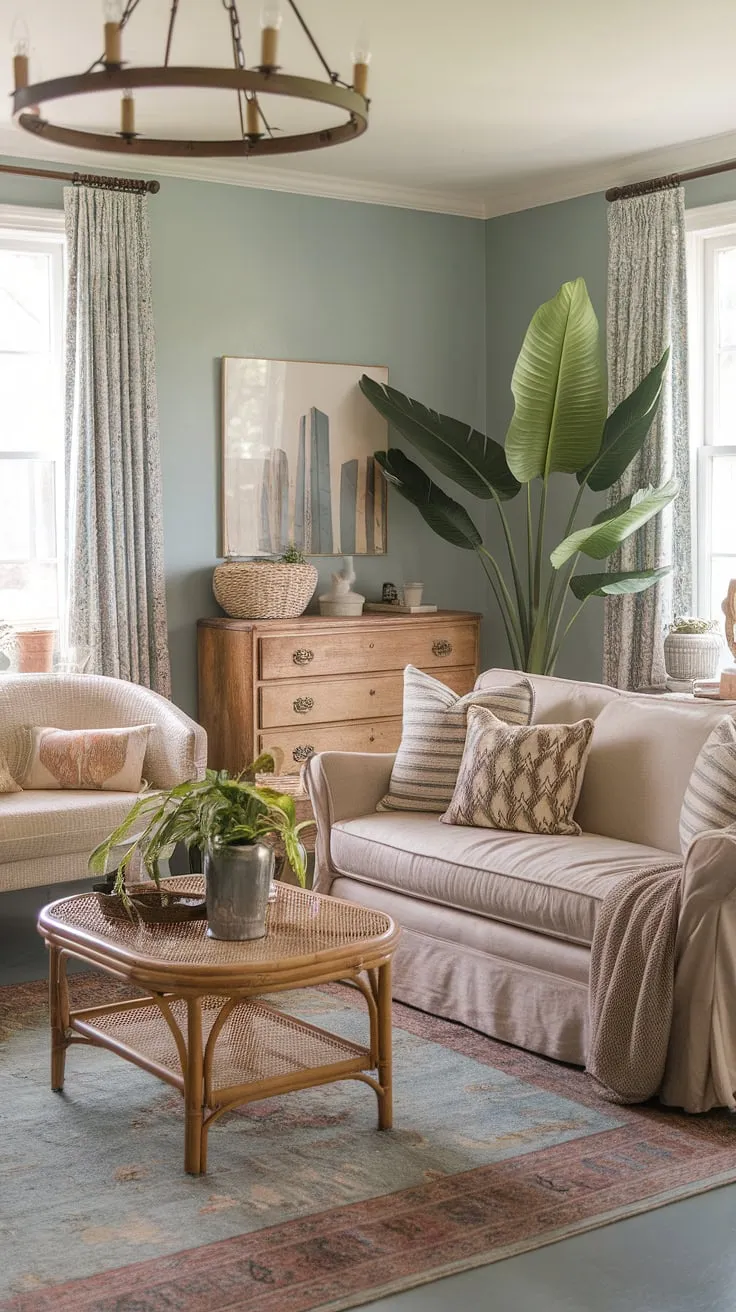 This boho living room effortlessly blends boho farmhouse style with a touch of vintage charm.  The boho chic furniture, including the beige sofa and rattan coffee table, creates a relaxed yet sophisticated atmosphere, perfectly complemented by the boho aesthetic decor and the soft blue walls.  The overall effect is a space that's both inviting and uniquely stylish.