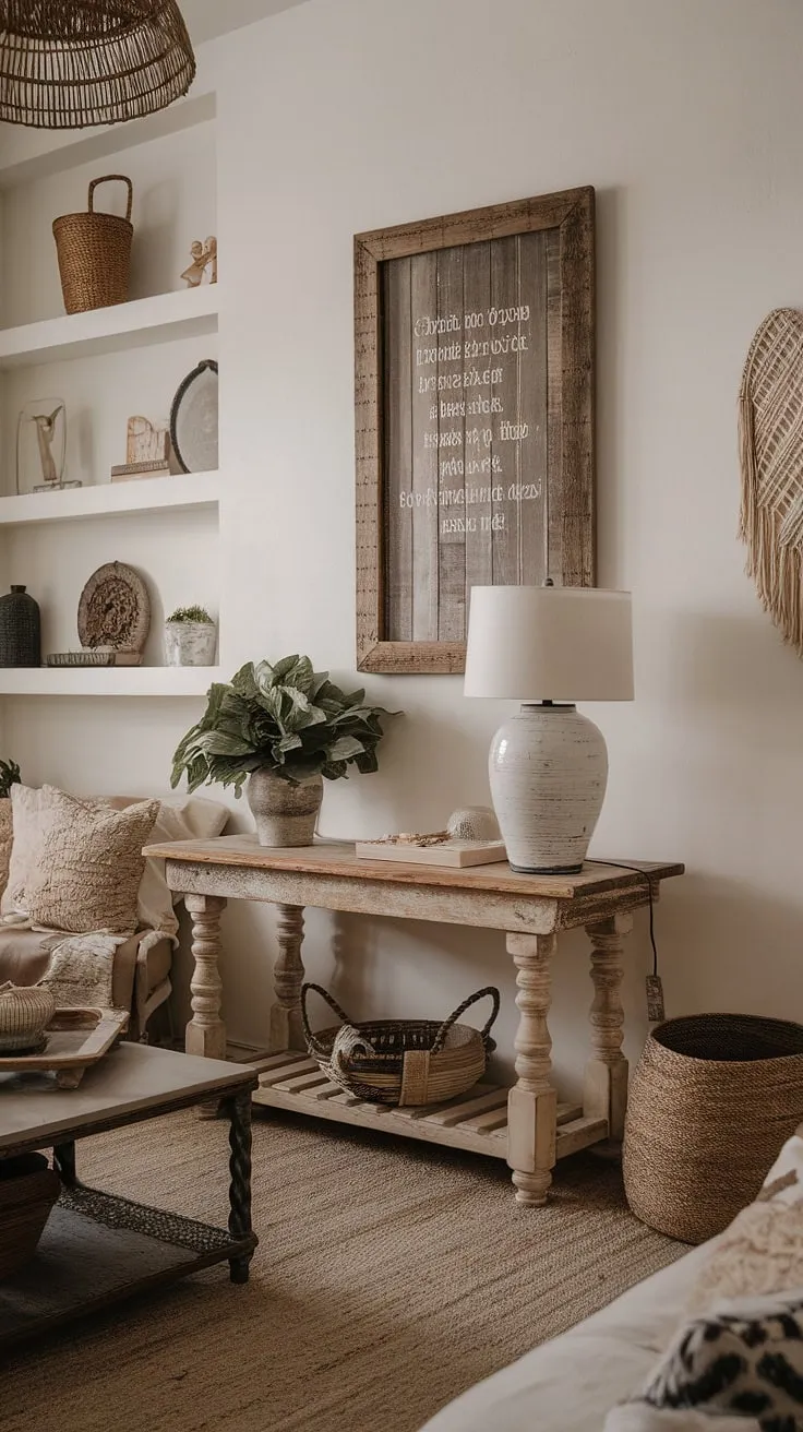 Sunlight streams into this dreamy boho living room, showcasing a perfect blend of boho farmhouse style and boho chic furniture.  The space is effortlessly stylish with its curated collection of boho vintage decor and carefully chosen boho aesthetic decor, creating a welcoming and relaxed atmosphere.
