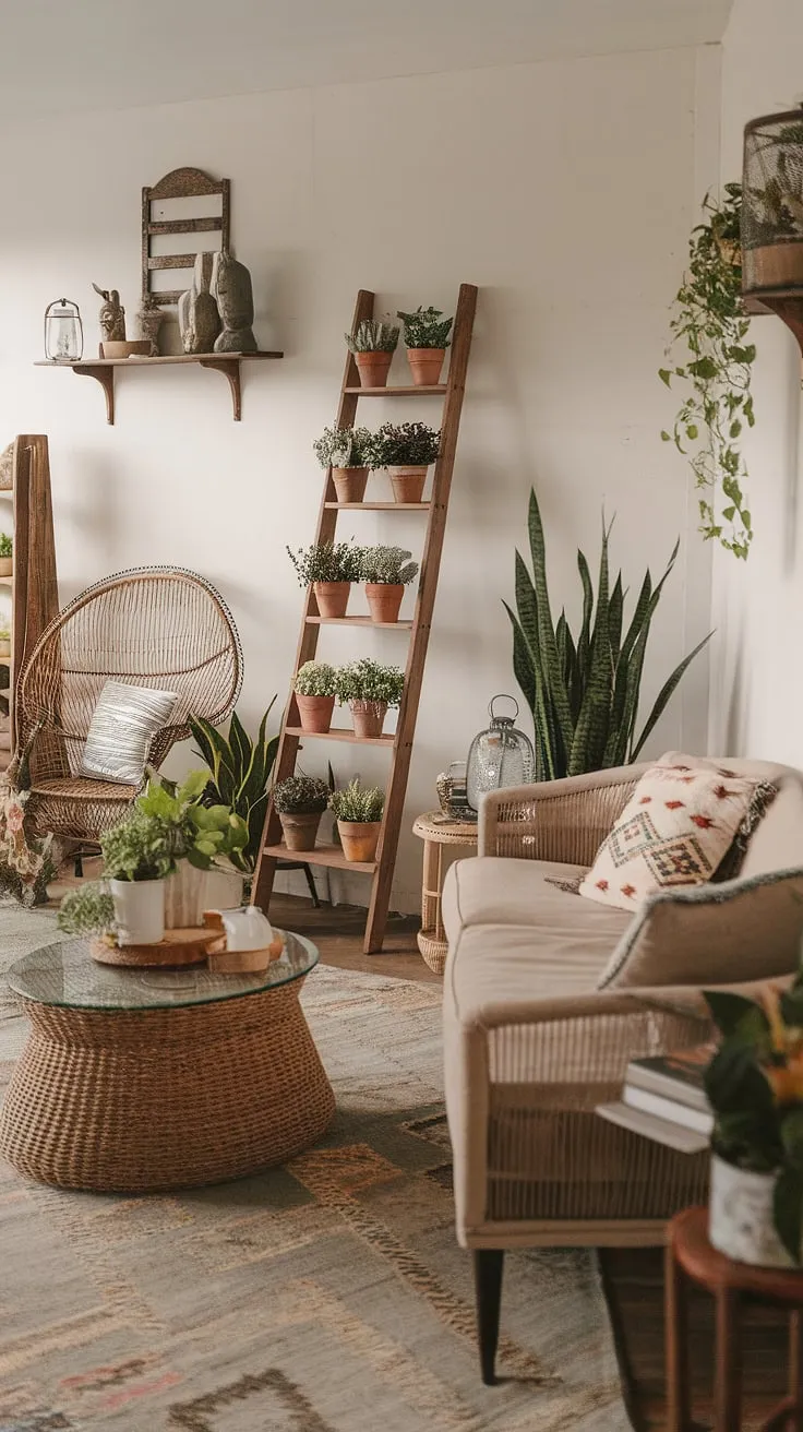 This boho farmhouse style living room is a testament to the beauty of curated eclecticism.  Boho vintage decor pieces mingle seamlessly with boho chic furniture, creating a space that's both relaxed and refined, the epitome of boho living room style.