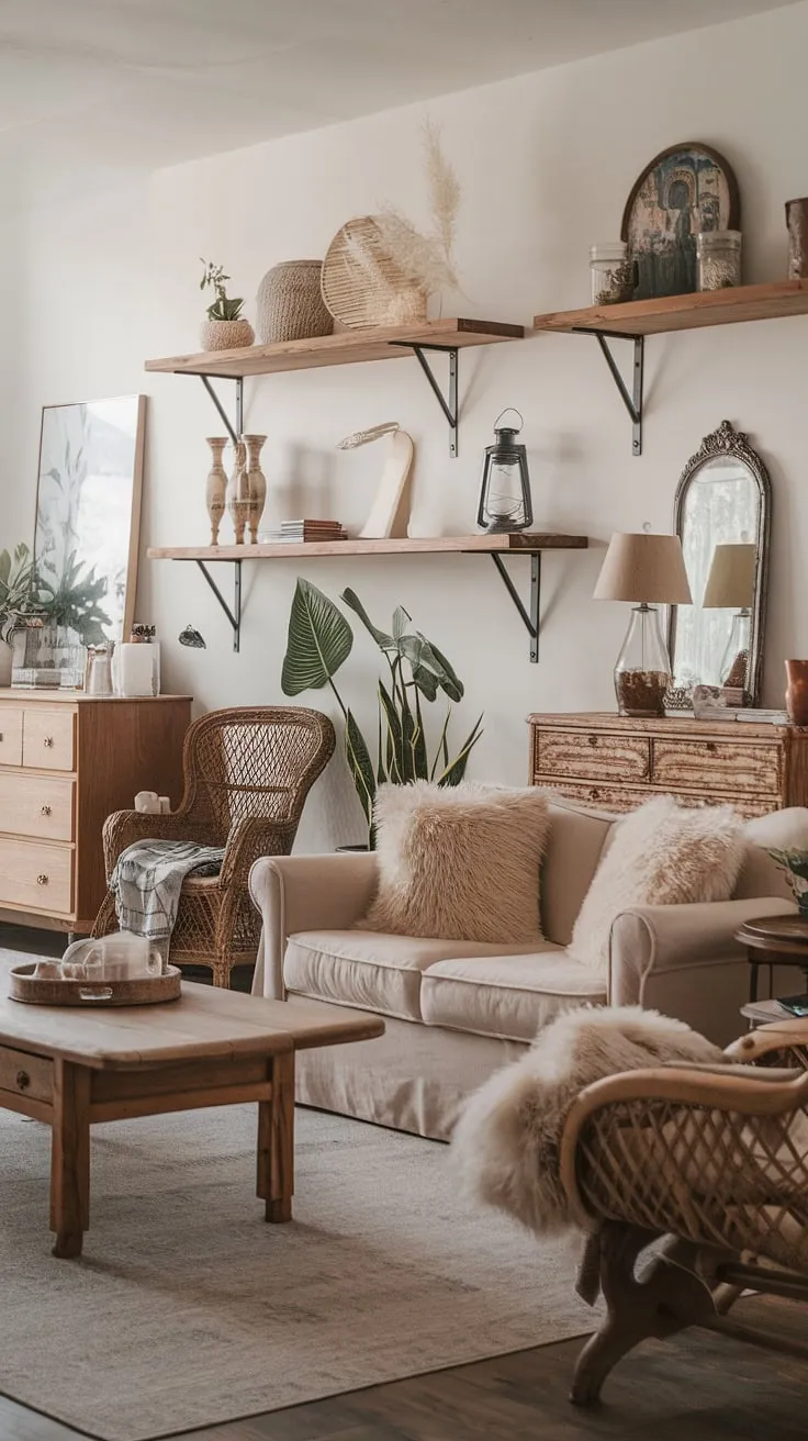 This boho farmhouse style living room is a haven of relaxed elegance.  Boho vintage decor pieces mingle seamlessly with comfortable boho chic furniture, creating a space that's both stylish and supremely cozy. The result is a truly captivating boho living room.