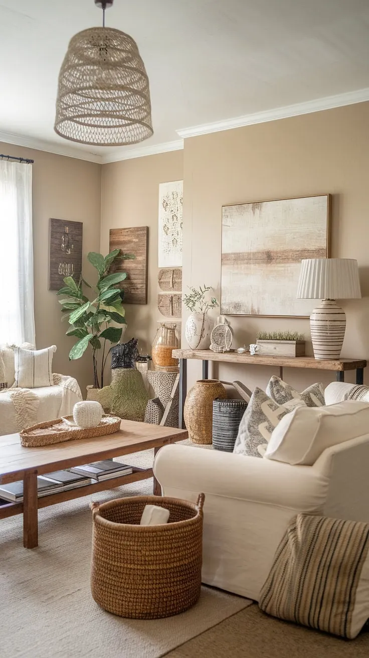 Sun-drenched serenity in this boho living room, showcasing a delightful blend of boho chic furniture and boho vintage decor. The space effortlessly marries boho farmhouse style with a unique boho aesthetic decor, creating a haven of relaxed elegance.