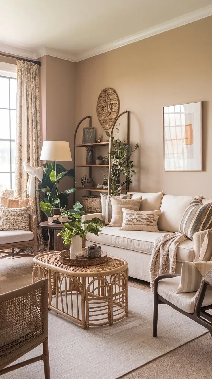 This boho farmhouse style living room is a haven of relaxed elegance.  Boho vintage decor pieces mingle seamlessly with chic furniture, creating a space that's both stylish and comfortable.  The result? A truly captivating boho living room that embodies the free-spirited boho aesthetic.