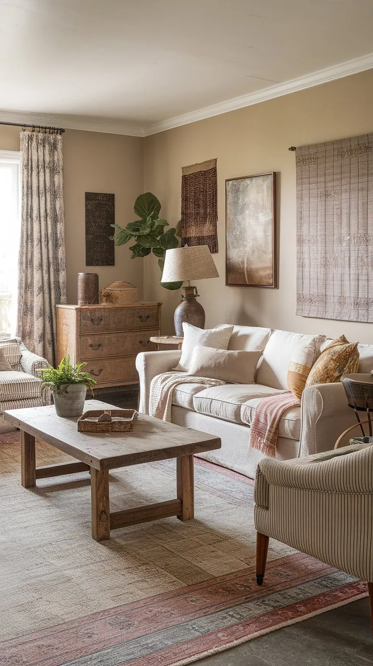 Sunlight streams into this dreamy boho living room, showcasing a delightful blend of boho chic furniture, vintage decor, and farmhouse style accents. The overall aesthetic is pure boho bliss.