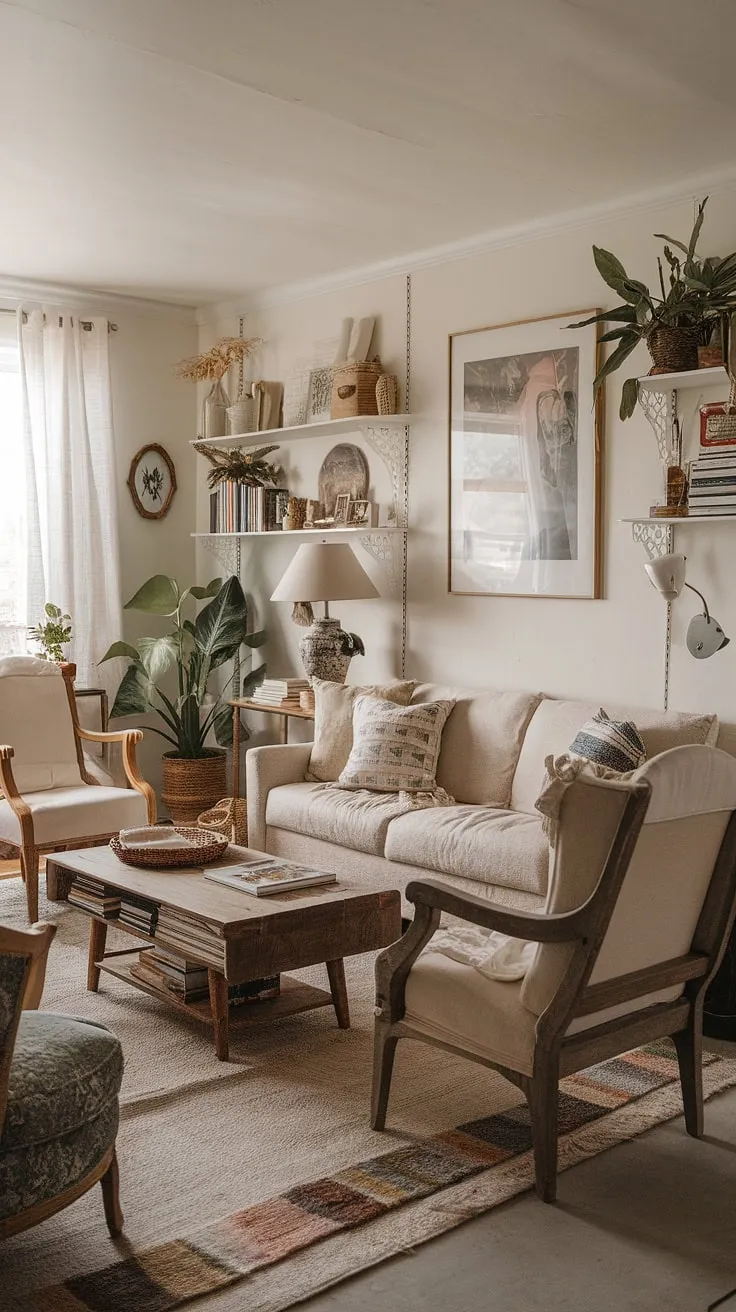 Sunlight streams into this dreamy boho living room, showcasing a perfect blend of boho farmhouse style and boho chic furniture.  The space is effortlessly stylish, filled with curated boho vintage decor and a touch of that signature boho aesthetic.