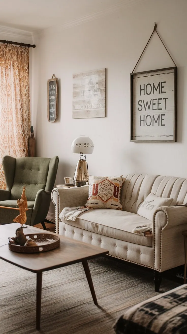 Sunlight streams into this dreamy boho living room, showcasing a perfect blend of boho chic furniture, vintage decor, and farmhouse style accents. The overall aesthetic is effortlessly cool and inviting, a testament to the beauty of boho aesthetic decor.