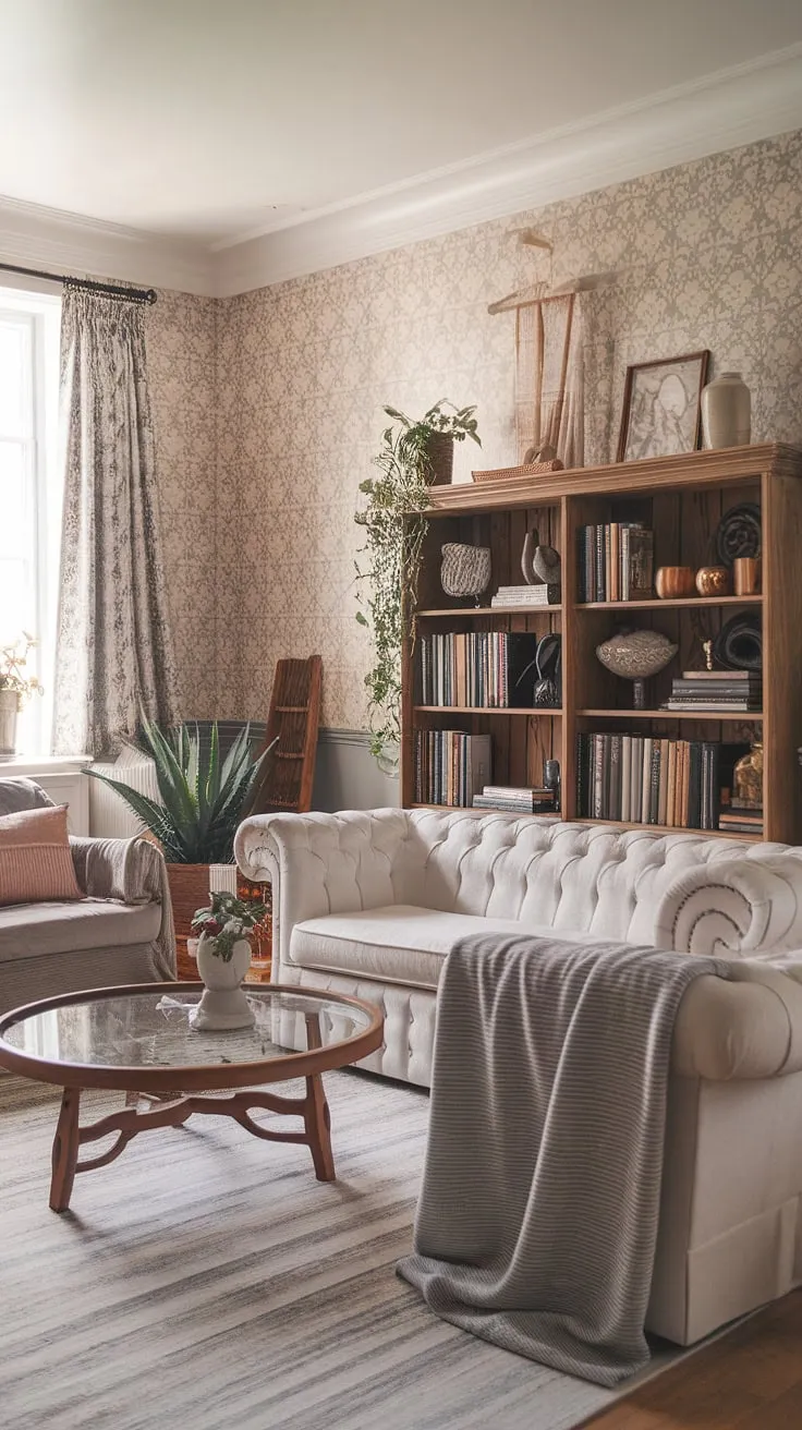 This boho farmhouse style living room is a haven of relaxed elegance.  Boho vintage decor pieces mingle seamlessly with chic furniture, creating a space that's both stylish and comfortable.  The result is a truly captivating boho living room, brimming with personality.