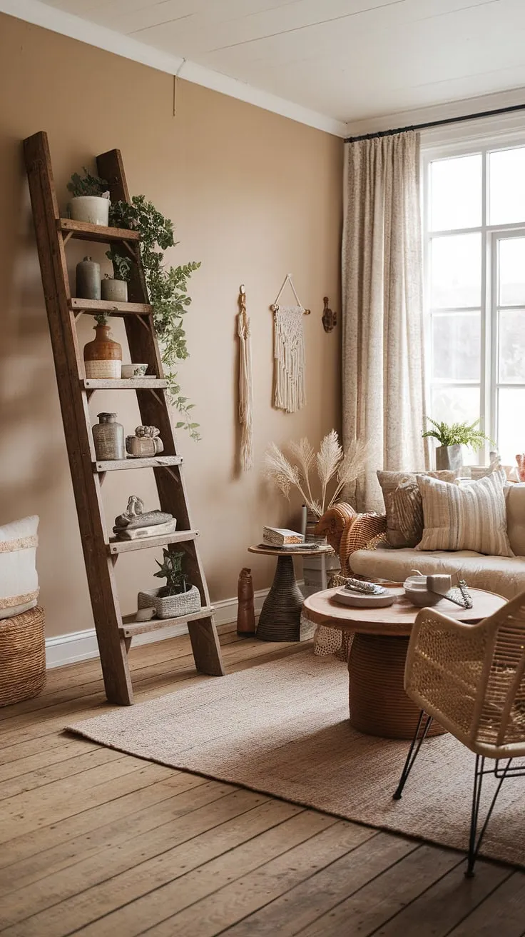 This boho living room seamlessly blends boho farmhouse style with a touch of vintage charm.  The space is filled with carefully curated boho aesthetic decor and boho chic furniture, creating a warm and welcoming atmosphere.  Every detail, from the wicker chair to the ladder brimming with greenery, contributes to the unique boho vintage decor.