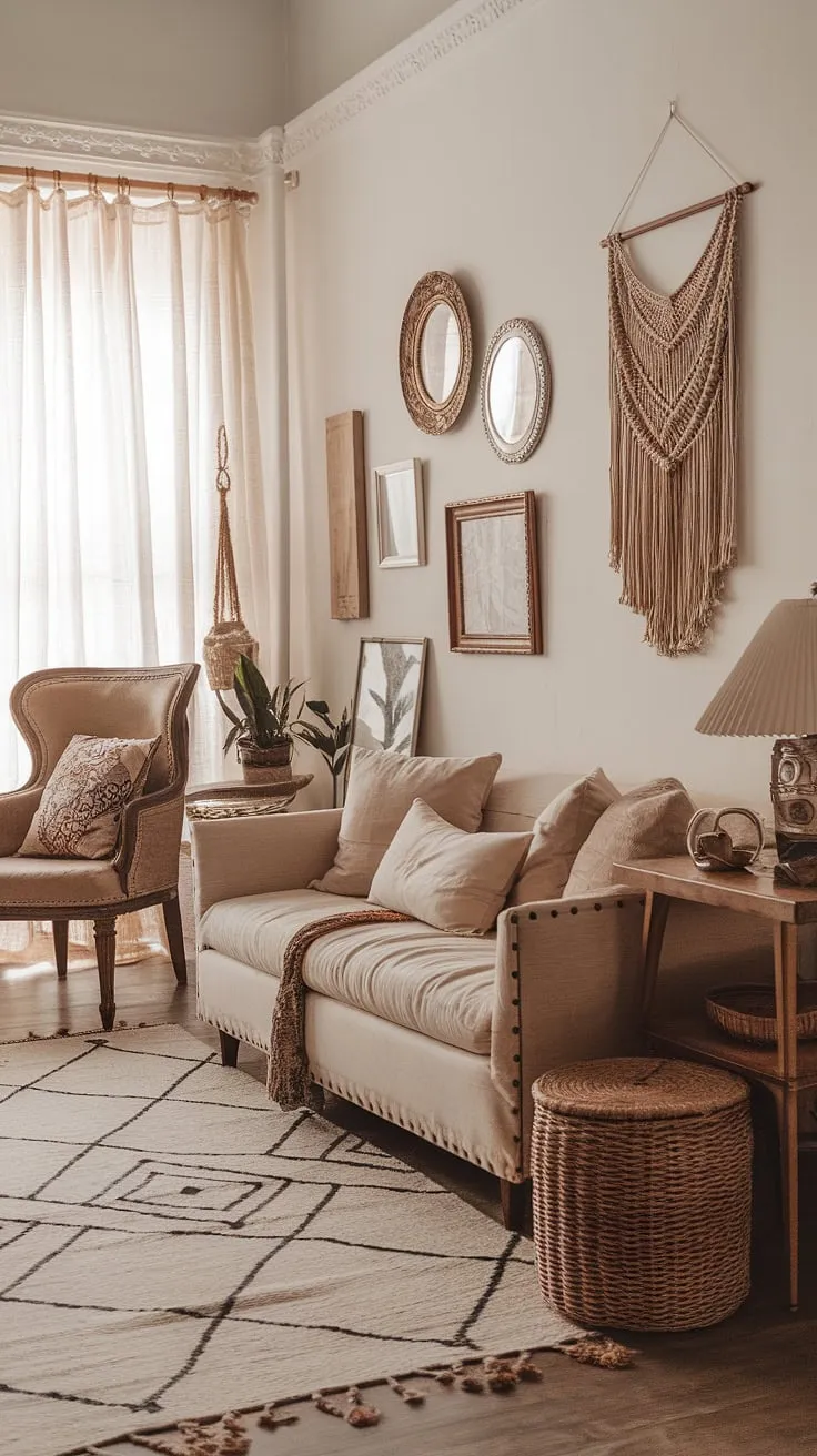 Sunlight streams into this dreamy boho living room, showcasing a perfect blend of boho farmhouse style and boho chic furniture.  The space is effortlessly stylish, featuring a curated collection of boho vintage decor and thoughtful boho aesthetic decor that creates a warm and inviting atmosphere.