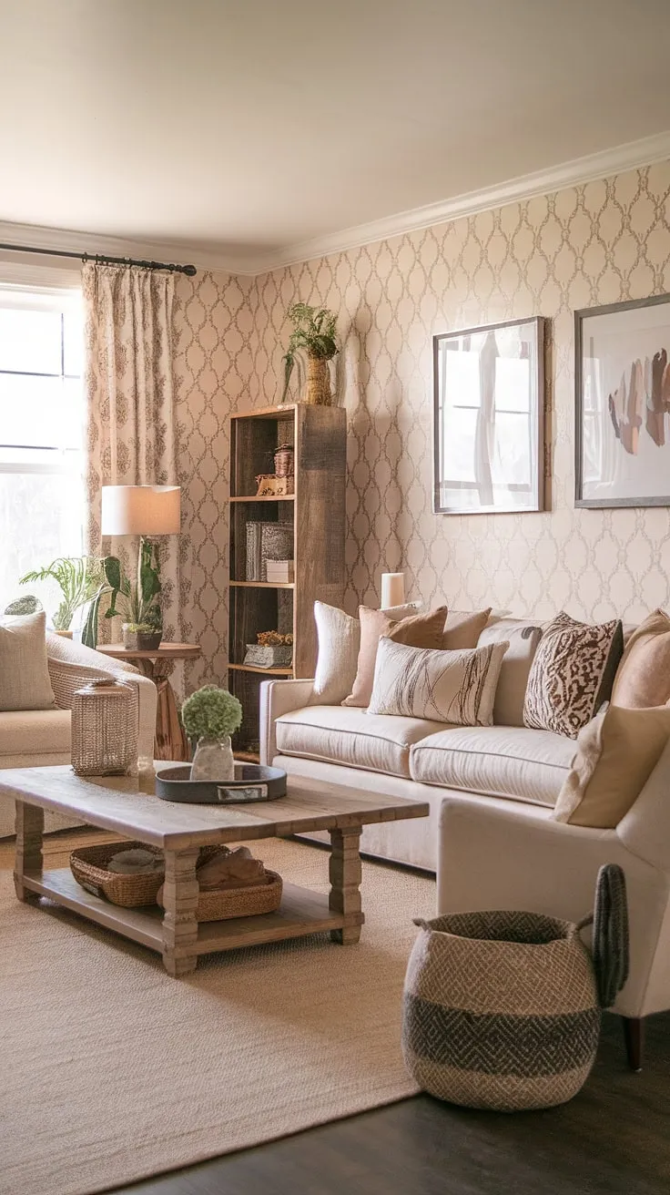 This boho farmhouse style living room is a haven of relaxed elegance.  Boho vintage decor pieces mingle seamlessly with chic furniture, creating a space that's both stylish and comfortable.  The result is a truly captivating boho aesthetic decor that embodies the free-spirited charm of boho living.