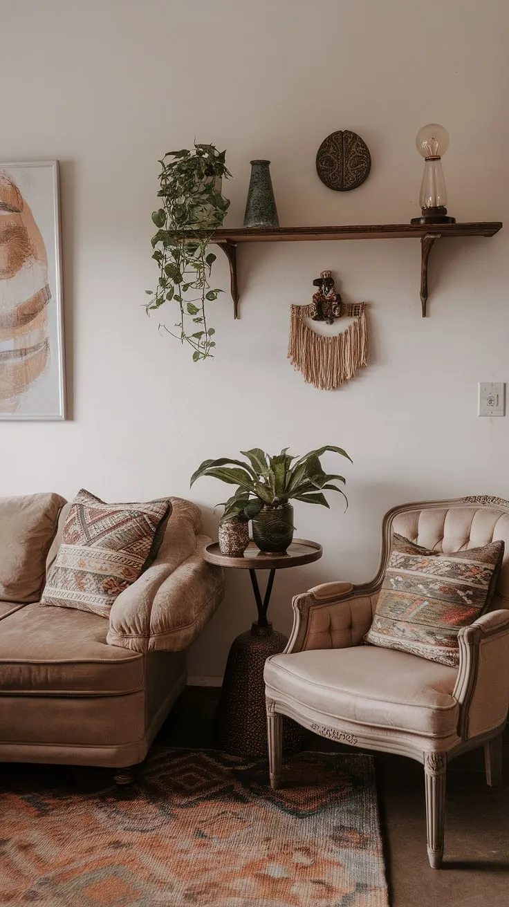 This boho farmhouse style living room is a haven of relaxed elegance.  Boho vintage decor pieces mingle seamlessly with chic furniture, creating a space that's both stylish and comfortable.  The result? A truly captivating boho living room that embodies the free-spirited boho aesthetic.