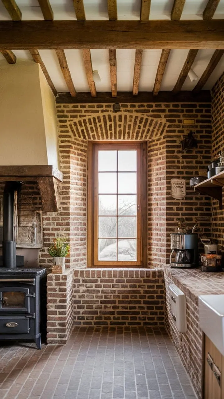 With its stunning floor-to-ceiling exposed brick and rustic details, this kitchen radiates enchanting charm and warmth.