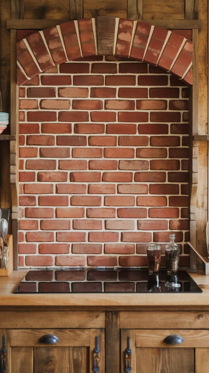 This farmhouse kitchen, with its warm red brick backsplash and aged wood cabinets, is a cozy haven that echoes the timeless stories of generations past.
