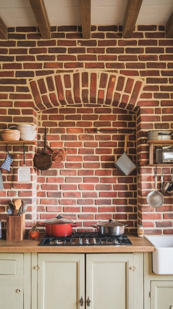 This farmhouse kitchen, with its vibrant red brick backsplash and charming hanging pots, exudes warmth and character, embodying the essence of countless shared stories.