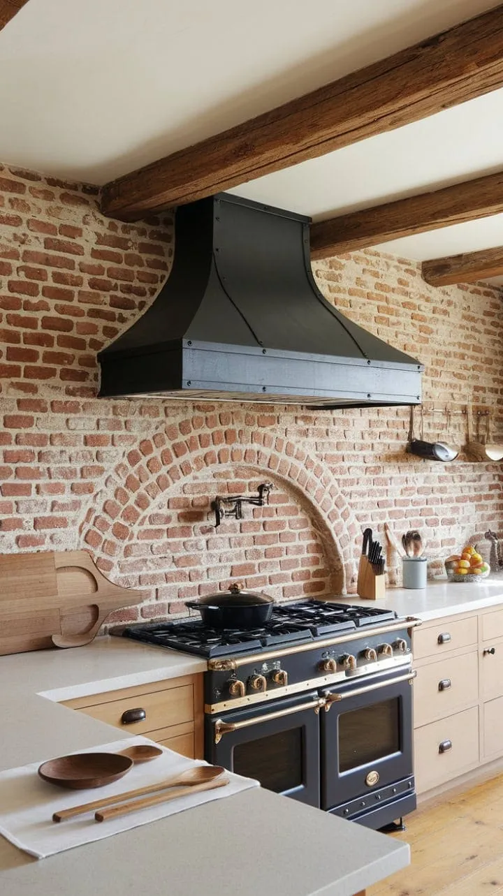This kitchen harmonizes rustic beams, sleek white countertops, and vibrant red brick, creating a timeless stage for culinary creativity.