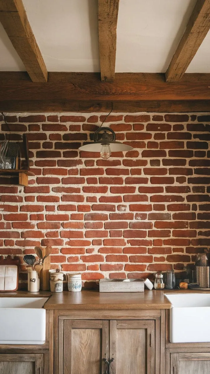 In this farmhouse kitchen, rustic charm and modern comfort unite, highlighted by a striking red brick backsplash and the warm ambiance of antique lighting and wooden beams.