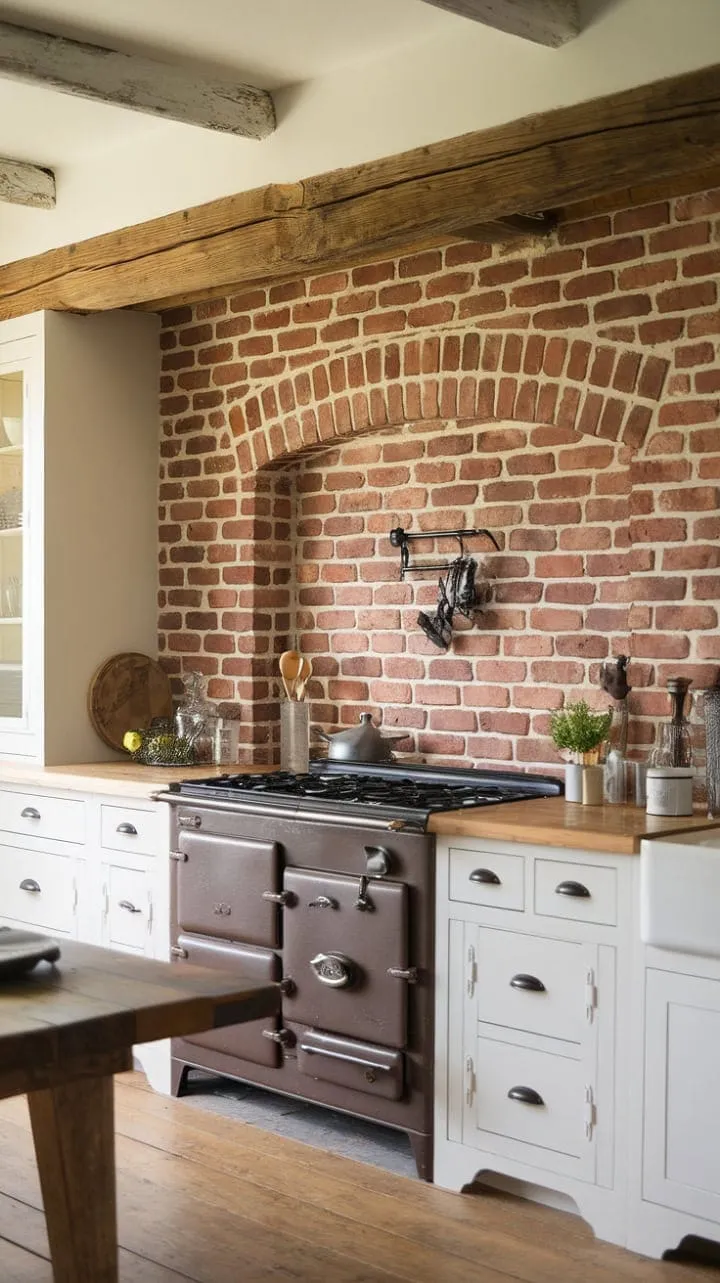 This farmhouse kitchen, with its rustic red brick backsplash and vintage stove, beautifully melds old-world charm with modern convenience, creating a cozy backdrop for cherished memories.