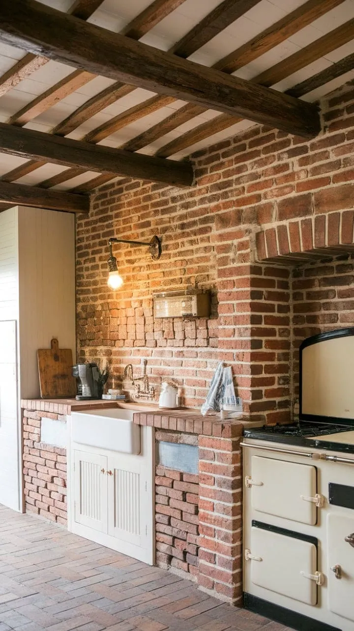 This farmhouse kitchen beautifully blends rustic charm with modern elegance, featuring a warm red brick backsplash and vintage light fixture alongside sleek white cabinetry.