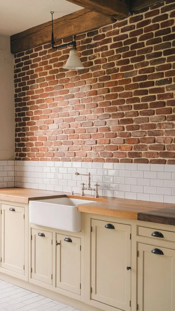 This farmhouse kitchen beautifully blends rustic charm with modern convenience, featuring a striking red brick backsplash and warm wooden accents that create an inviting atmosphere.