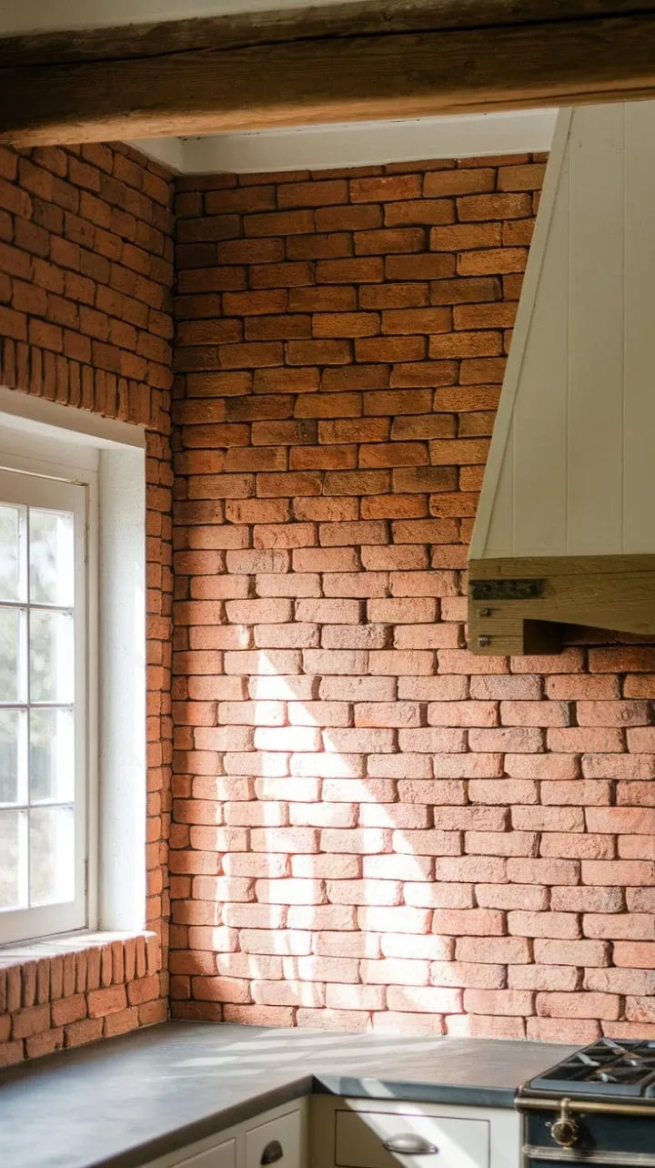 Sunlight dances on the red brick backsplash, showcasing the farmhouse's enduring charm and timeless allure.
