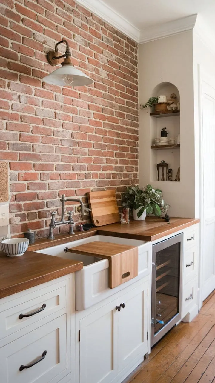 This farmhouse kitchen harmoniously blends vintage charm with contemporary practicality, featuring a striking brick backsplash, a cozy ambiance, and inviting wooden floors.