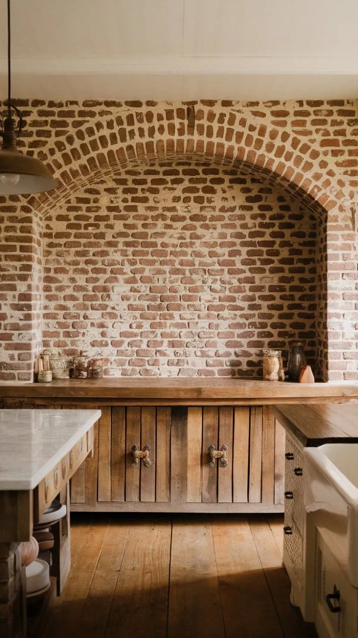 This kitchen, with its inviting exposed brick and elegant marble, radiates warmth and is a perfect backdrop for cherished gatherings.
