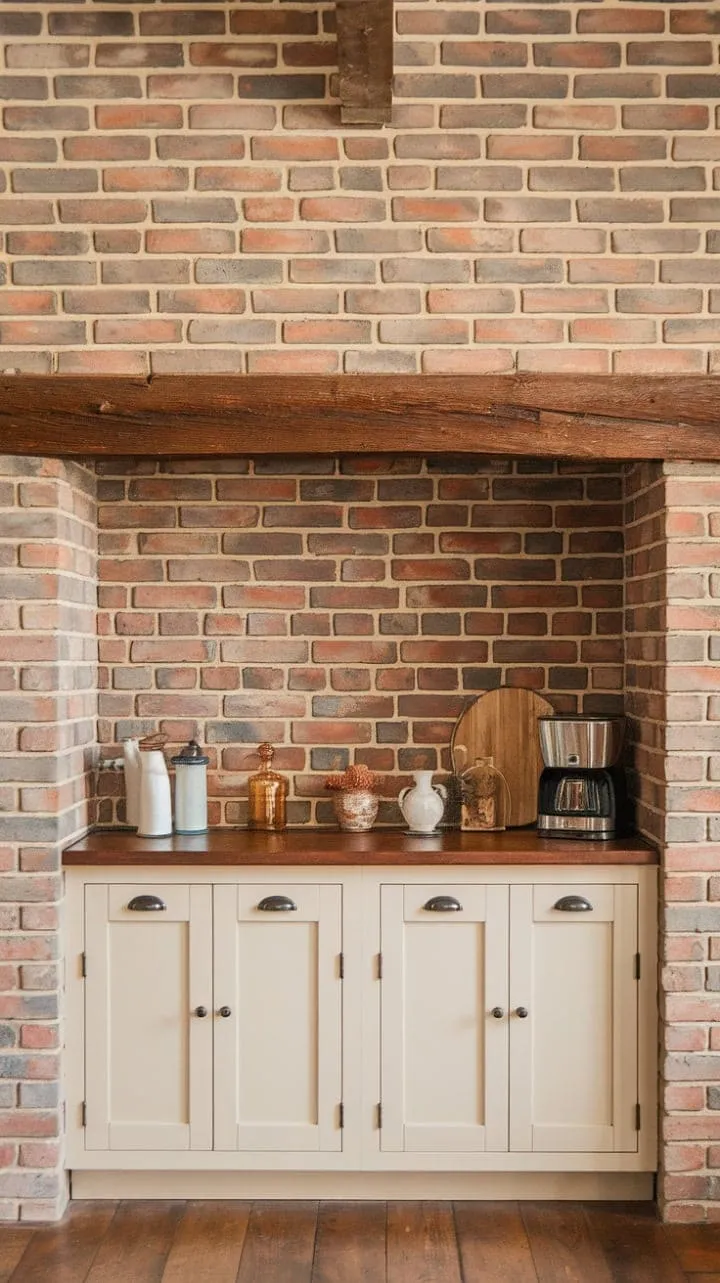 This farmhouse kitchen, with its warm rustic charm and inviting aromas, weaves together exposed brick, creamy cabinetry, and wooden beams into a timeless tapestry of family stories.