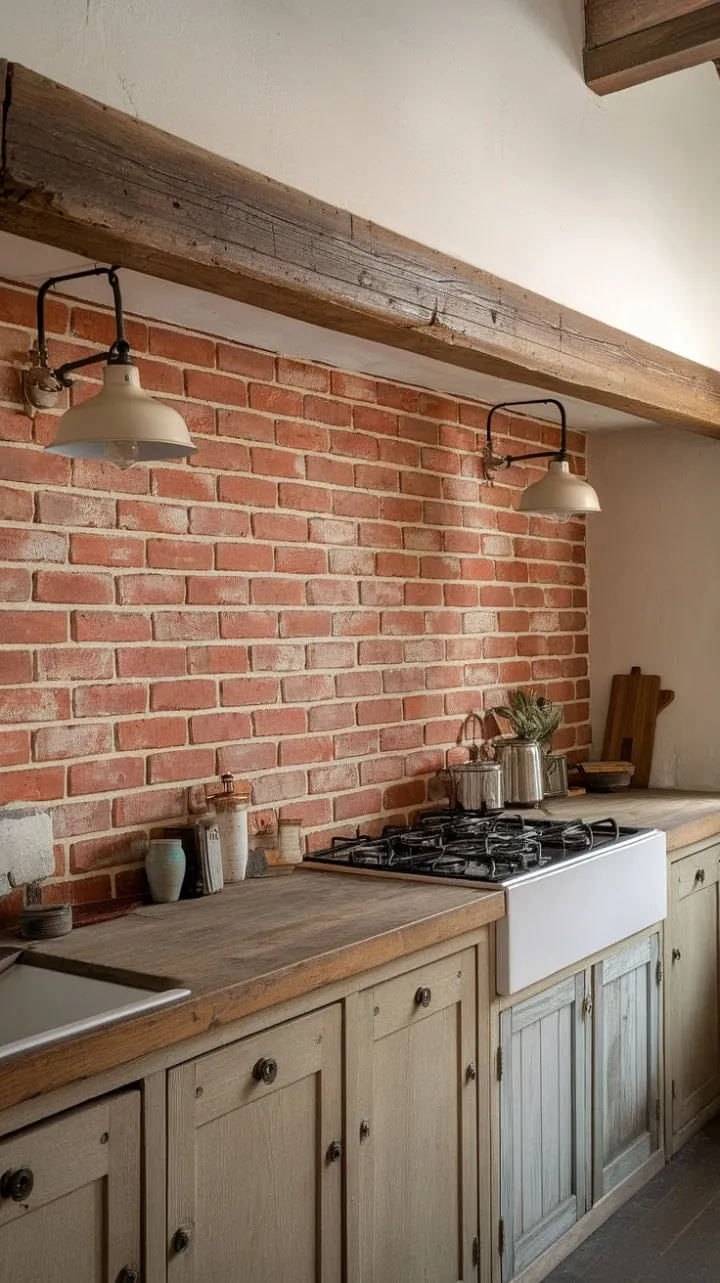 In this farmhouse kitchen, rustic charm and modern convenience unite, featuring a striking red brick backsplash and worn wooden countertops that create a cozy haven for culinary memories.