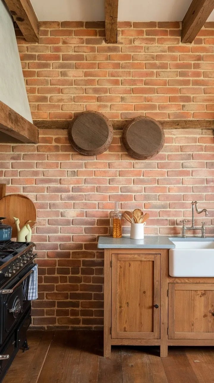 This kitchen blends exposed brick and rich wood tones with vintage charm, crafting a stylish haven that inspires culinary creativity and exudes warmth and heritage.