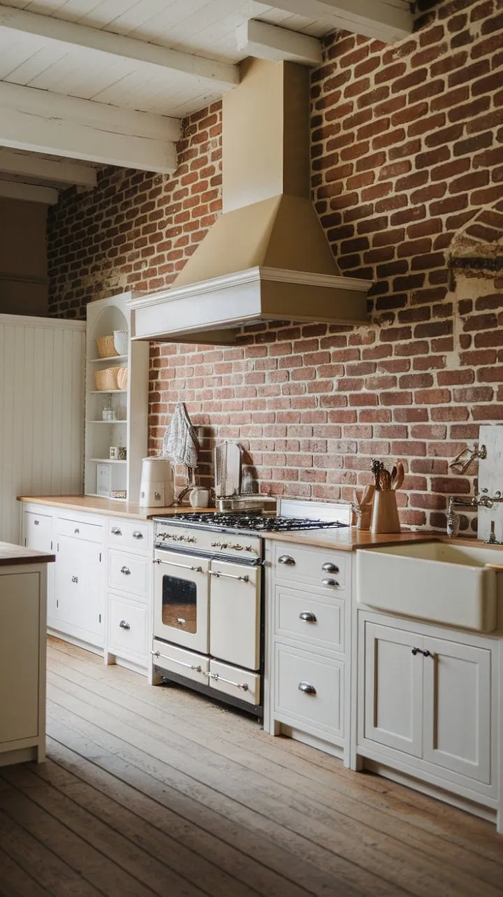 This kitchen beautifully marries old-world charm with modern functionality, featuring a striking red brick backsplash that radiates warmth against rustic wooden floors and crisp white cabinets.