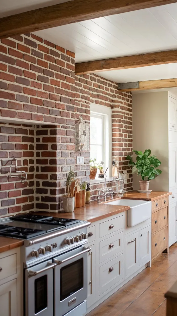 Rustic charm meets modern convenience in this farmhouse kitchen. The exposed wooden beams and brick backsplash create a warm, inviting atmosphere, while the white farmhouse sink and sleek appliances offer a touch of contemporary elegance. A perfect blend of old-world character and updated style. A testament to thoughtful design and a love for home.