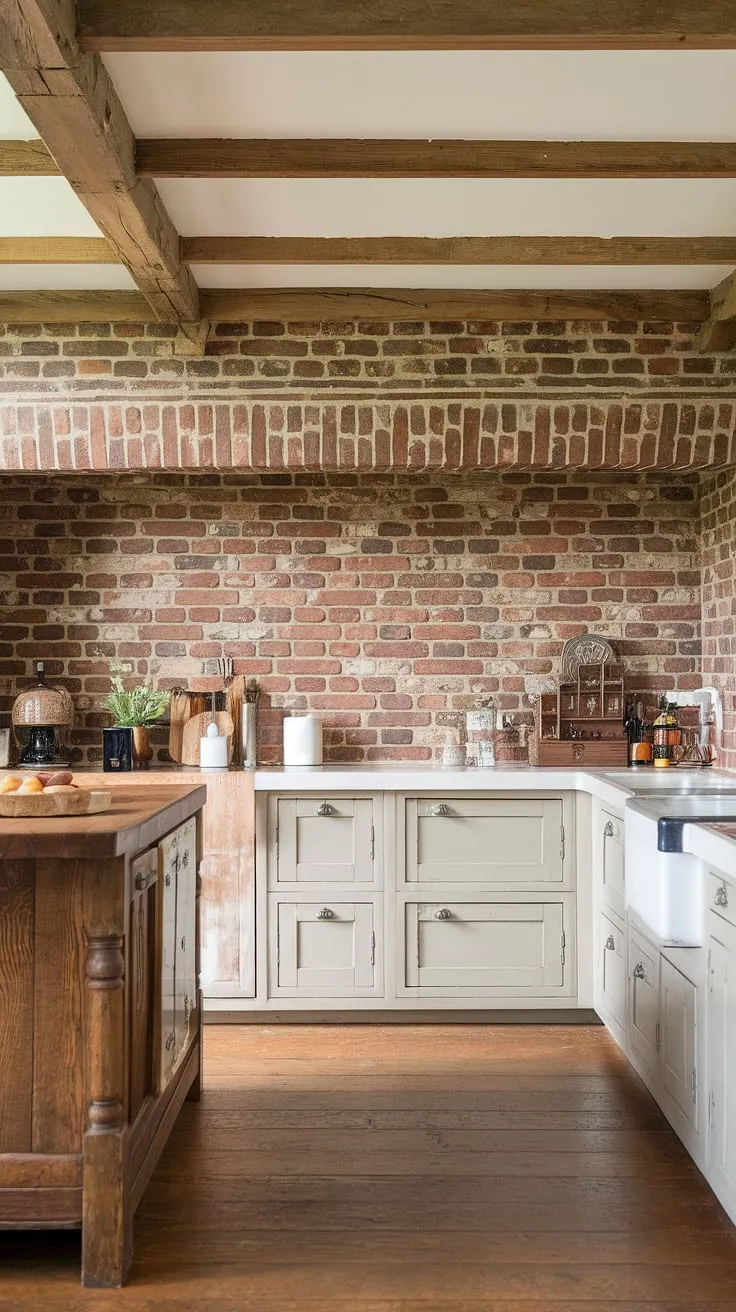 Rustic charm meets modern comfort in this farmhouse kitchen. The exposed brick, from floor to ceiling, creates a dramatic backdrop for the warm wood island and beams, offering a timeless and inviting space. A truly stunning blend of textures and tones.