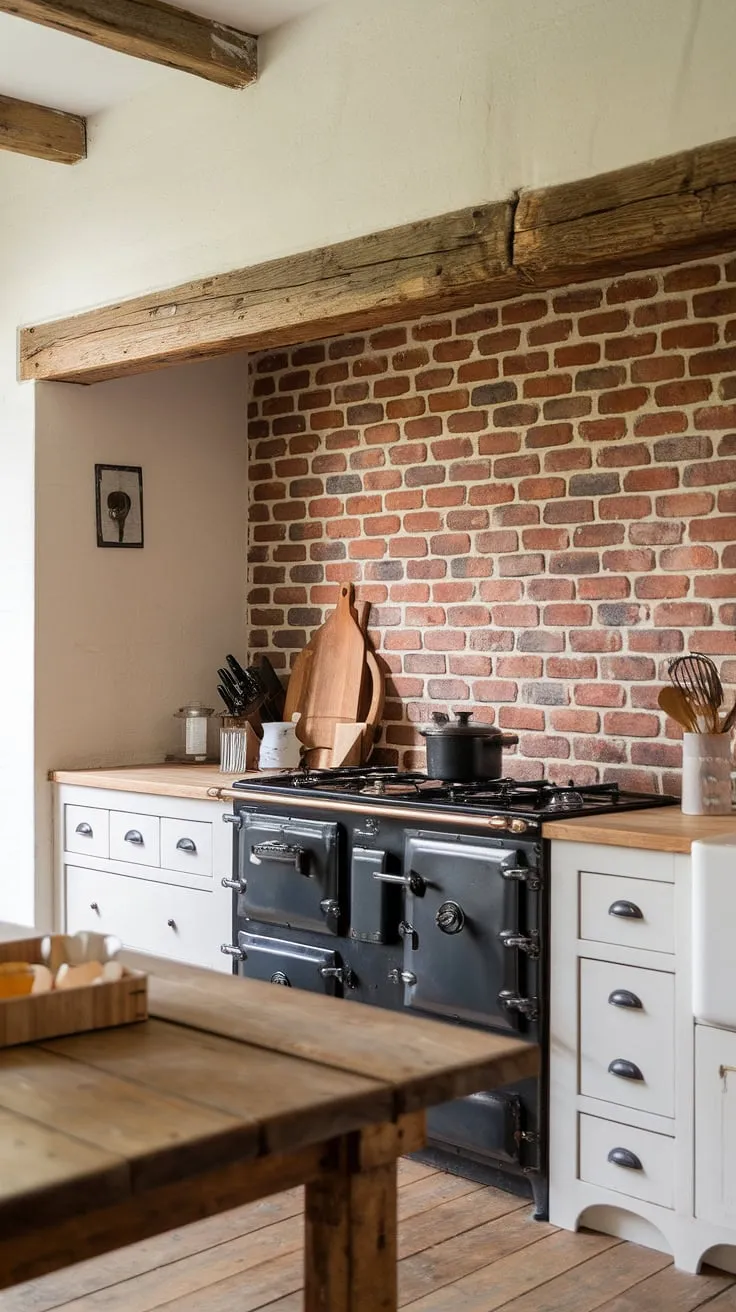 The warmth of the red brick backsplash, the sturdy wooden beam overhead, and the classic white cabinets create a farmhouse kitchen that's both inviting and timeless. A perfect blend of rustic charm and modern functionality. A place where memories are made.